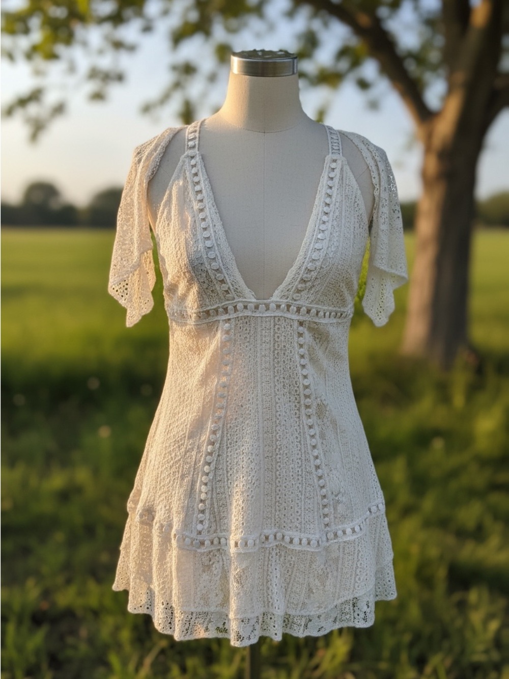 Dreamy Boho-Chic Ivory Crochet Lace Mini Dress XL - Excellent Condition
